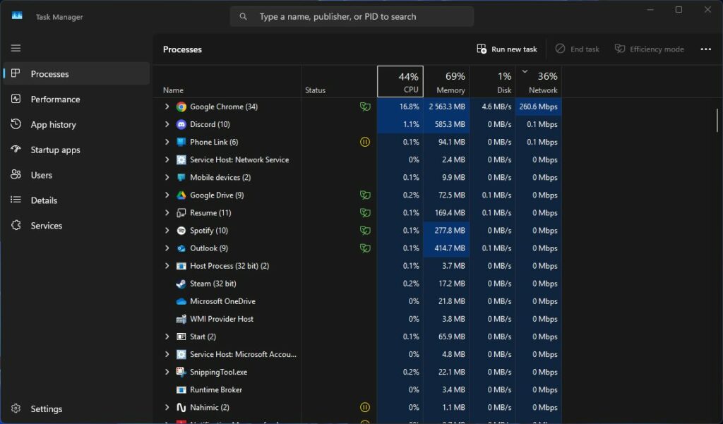 Example of Task Manager when looking for How To Fix Packet Loss In CS2