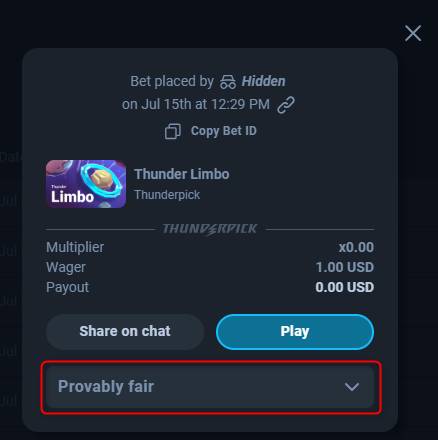 Provably Fair Widget for ThunderLimbo
