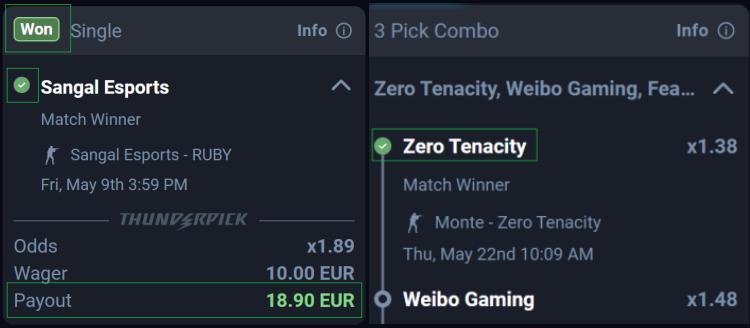 Wager view for won combos