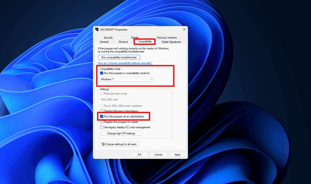 VALORANT compatibility settings when VALORANT not opening
