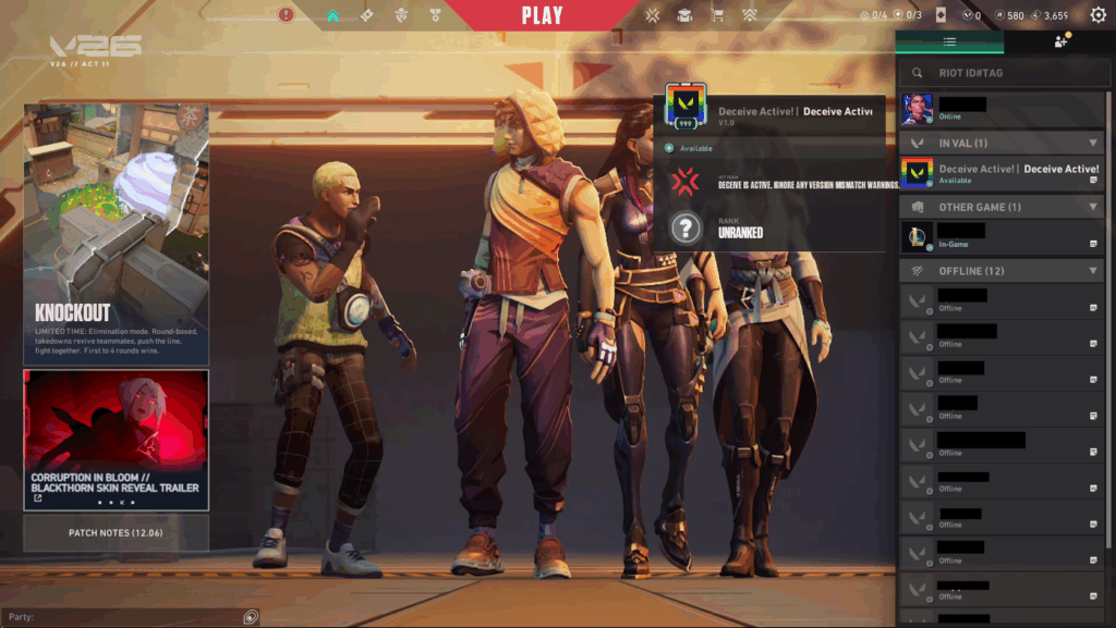Deceive Active for appearing offline in VALORANT