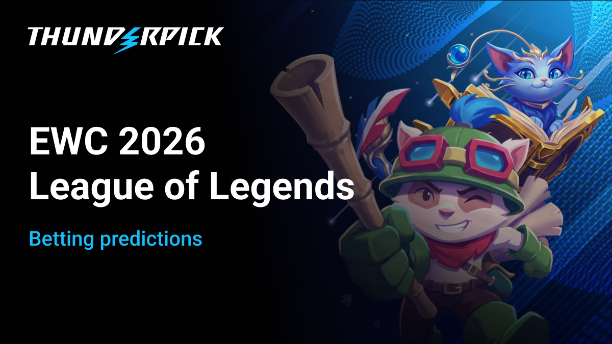 League of Legends characters Teemo and Yuumi next to text EWC 2026 League of Legends Betting Predictions. Esports World Cup 2026