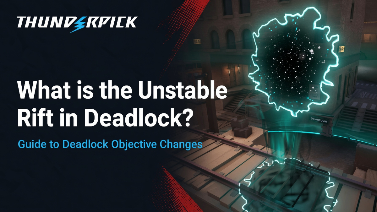 Portal Rift Opening in Game Deadlock next to text What is the Unstable Rift in Deadlock? Guide to Deadlock Objective Changes