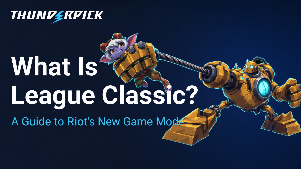 Yellow Robot character grabbing small purple character with white hair and goggles next to text What is League Classic? A Guide to Riot's New Game Mode. And thunderpick logo