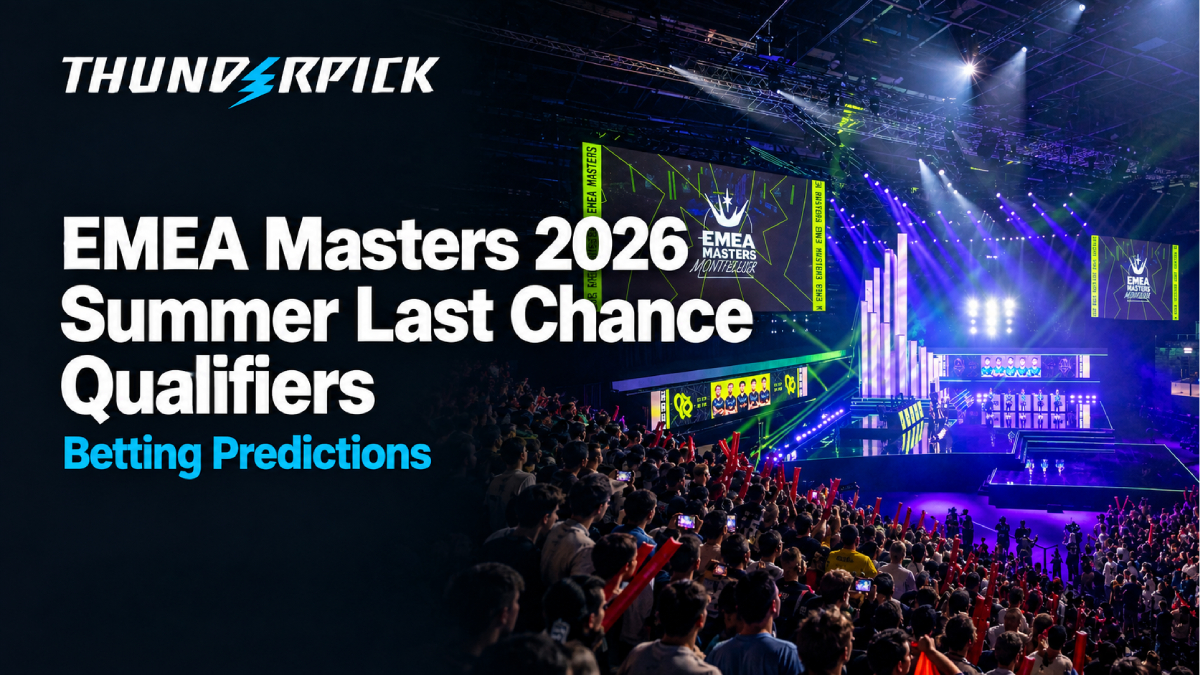 EMEA Masters 2026 Summer Last Chance Qualifiers Betting Predictions text next to EMEA Masters Finals live event and Thunderpick Logo