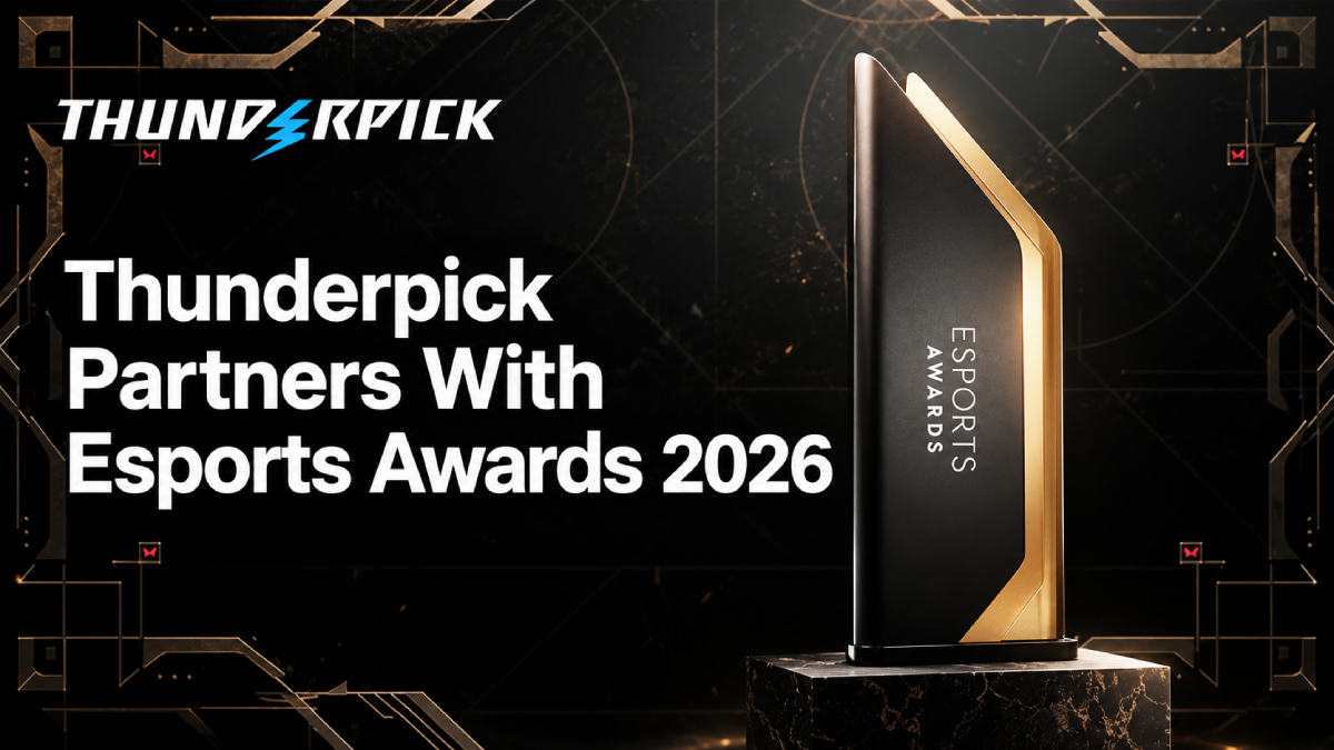 Black and Gold Award plaque from Esports Awards 2026 next to white text Thunderpick Partners with Esports Awards 2026 and Thunderpick logo with blue lightning bolt