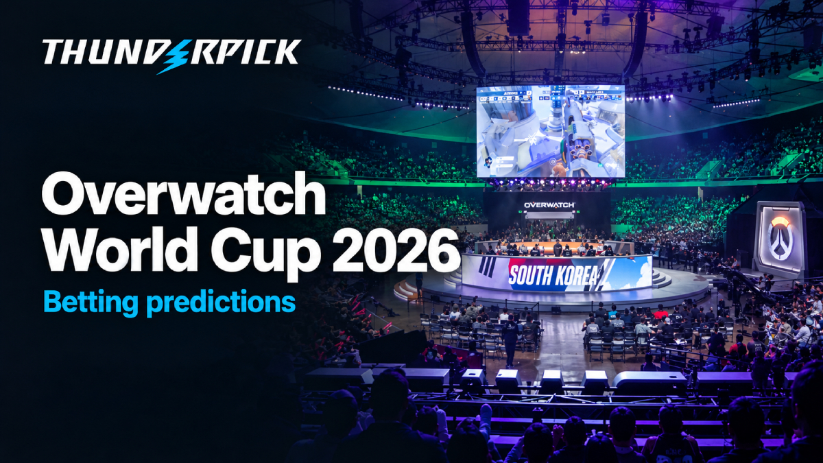 Overwatch World 2026 offline event stage next to text Overwatch World Cup 2026 Betting predictions and thunderpick logo