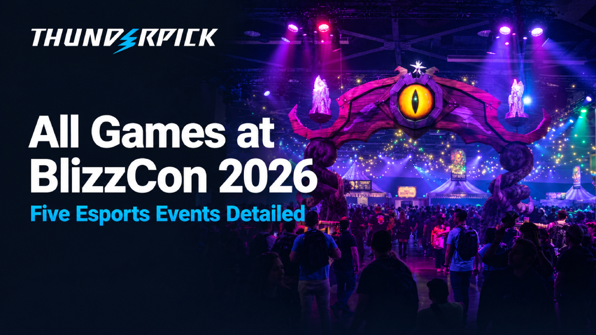 Crowd at Blizzcon 2026, white text "All Games at BlizzCon 2026" and blue text "Five Esports Events Detailed" and thunderpick logo.