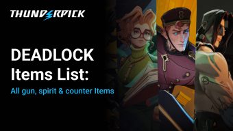 Deadlock characters Paige, Doorman, and Victor, next to the Thunderpick bolt logo with text Deadlock Items List: all gun, spirit, counter items