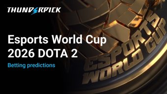 Text Esports World Cup 2026 Dota 2 Betting Predictions next to esports world cup trophy
