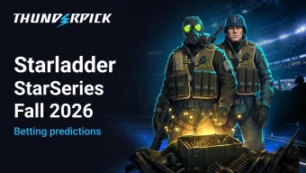 StarLadder Star Series Fall 2026 Betting Predictions text next to the Thunderpick logo and two characters from Counter Strike 2 in military gear.