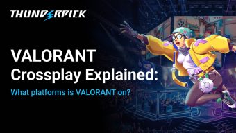 Thunderpick Logo, text Valorant Crossplay Explained, What platform is valorant on? Image of Valorant character Killjoy running and reaching out with her right arm.