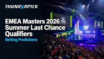 EMEA Masters 2026 Summer Last Chance Qualifiers Betting Predictions text next to EMEA Masters Finals live event and Thunderpick Logo
