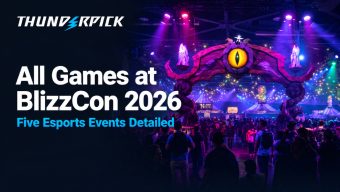 Crowd at Blizzcon 2026, white text "All Games at BlizzCon 2026" and blue text "Five Esports Events Detailed" and thunderpick logo.