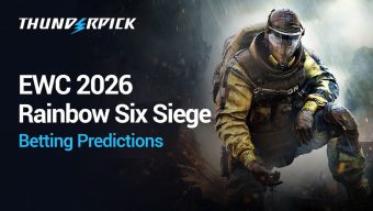 Rainbow Six Siege Character next to Thunderpick Logo and text in white EWC 2026 Rainbow Six Siege and subtext in blue Betting Predictions